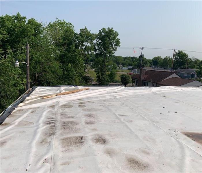 A bare roof in the process of being repaired with trees in the background.