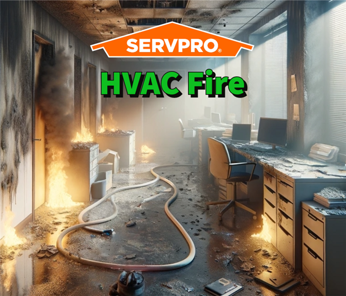 A indoor scene depicting HVAC fire damage with a room with visible soot and smoke damage.